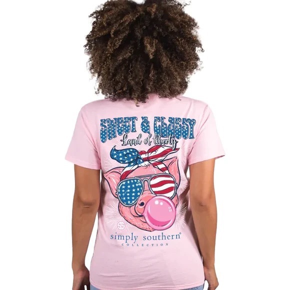 Simply Southern Tops - NWT Simply Southern pink USA pig sweet & classy 4th of July Independence Day top